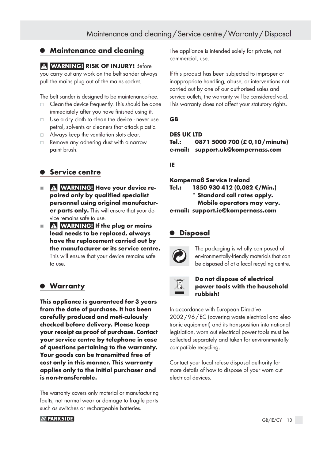 Parkside PEBS 900 SE manual Service centre Warranty, Disposal 