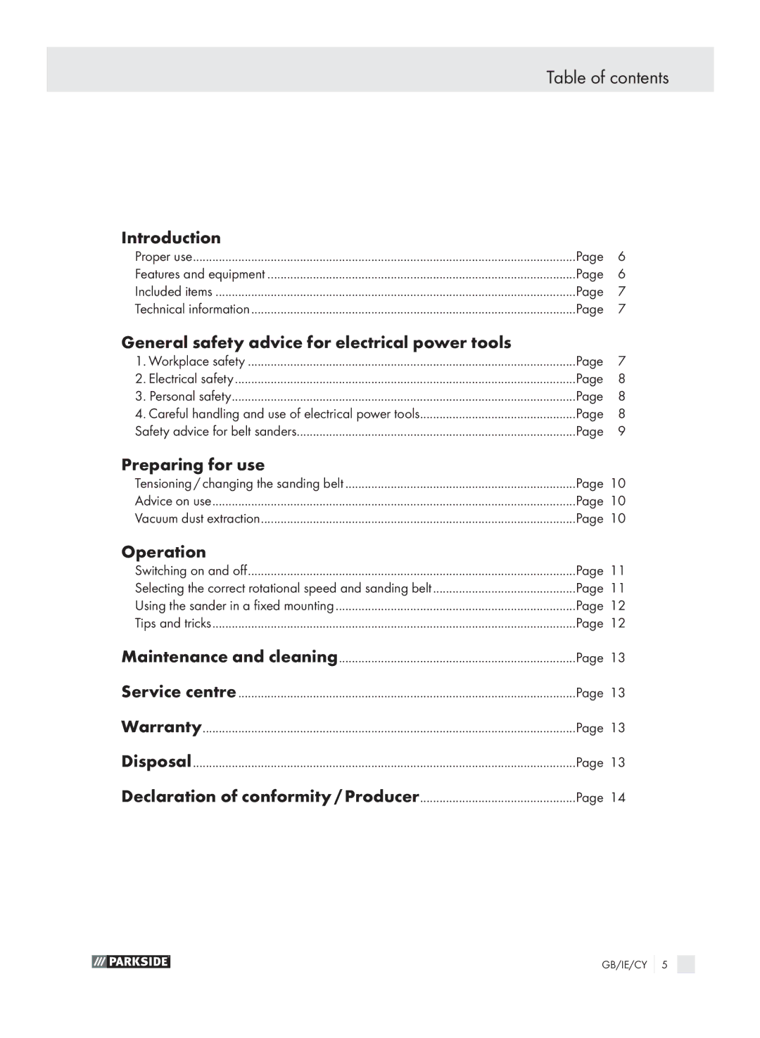 Parkside PEBS 900 SE manual Table of contents 