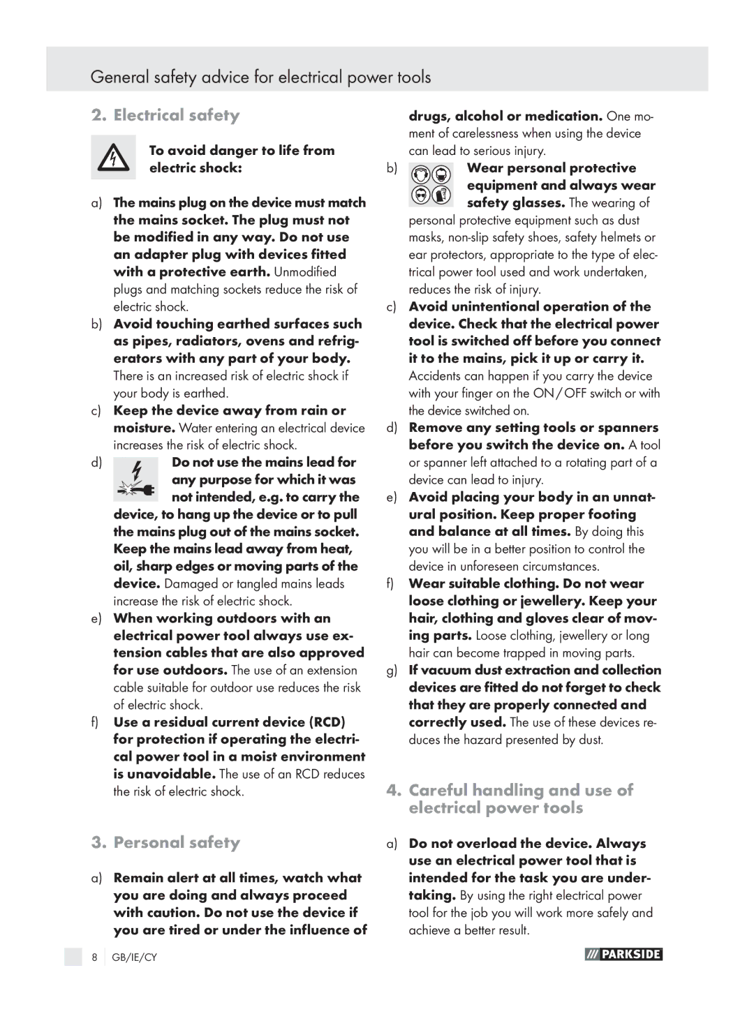 Parkside PEBS 900 SE manual General safety advice for electrical power tools, Electrical safety, Personal safety 