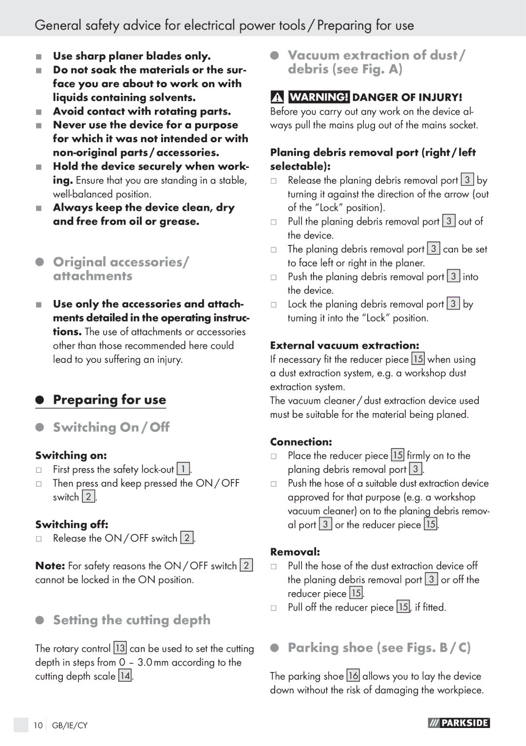 Parkside PEH30 manual Original accessories/ attachments, Switching On / Oﬀ, Setting the cutting depth 