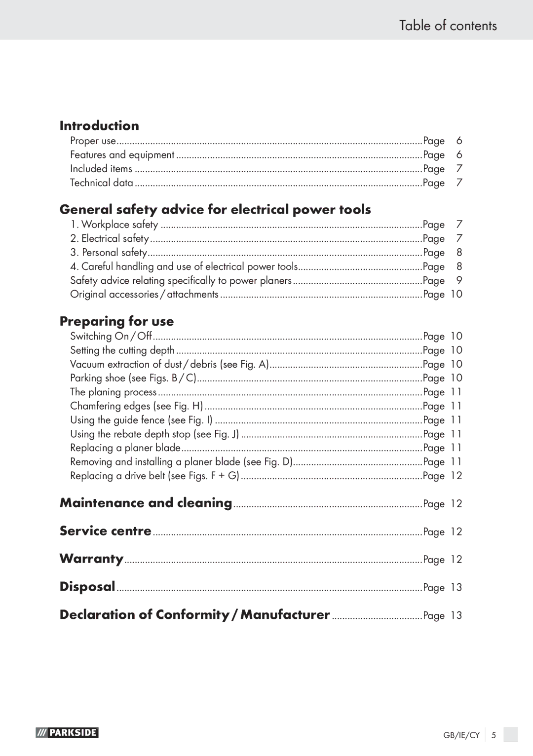 Parkside PEH30 manual Table of contents 