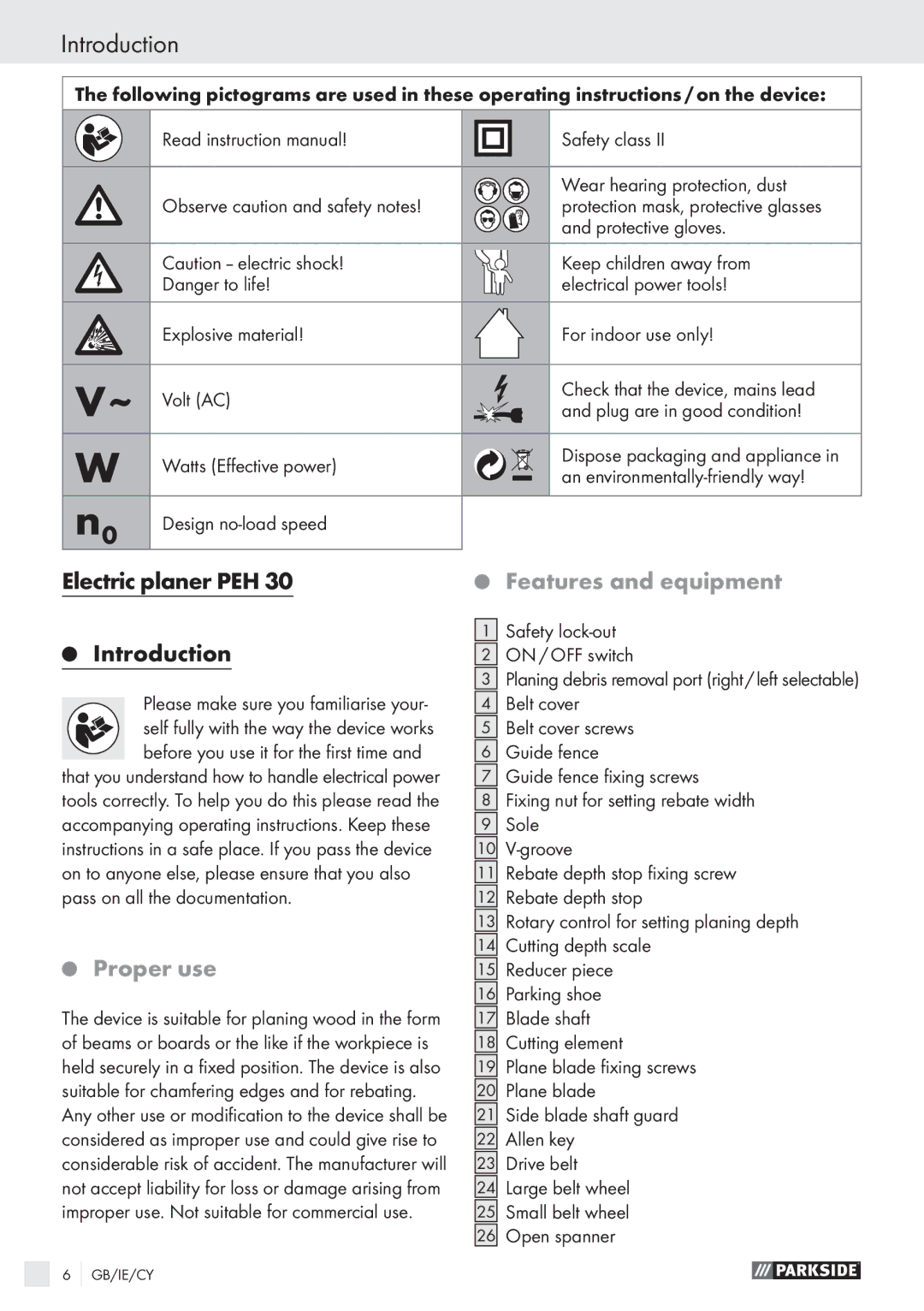 Parkside PEH30 manual Electric planer PEH Introduction, Proper use, Features and equipment 