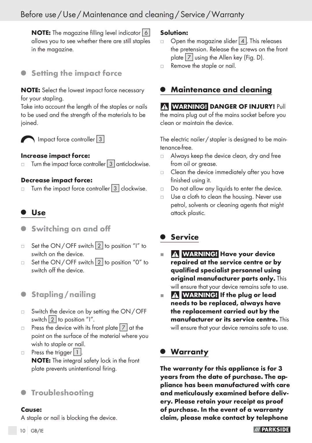 Parkside PET 25 A1 manual Setting the impact force, Switching on and oﬀ, Stapling / nailing, Troubleshooting 