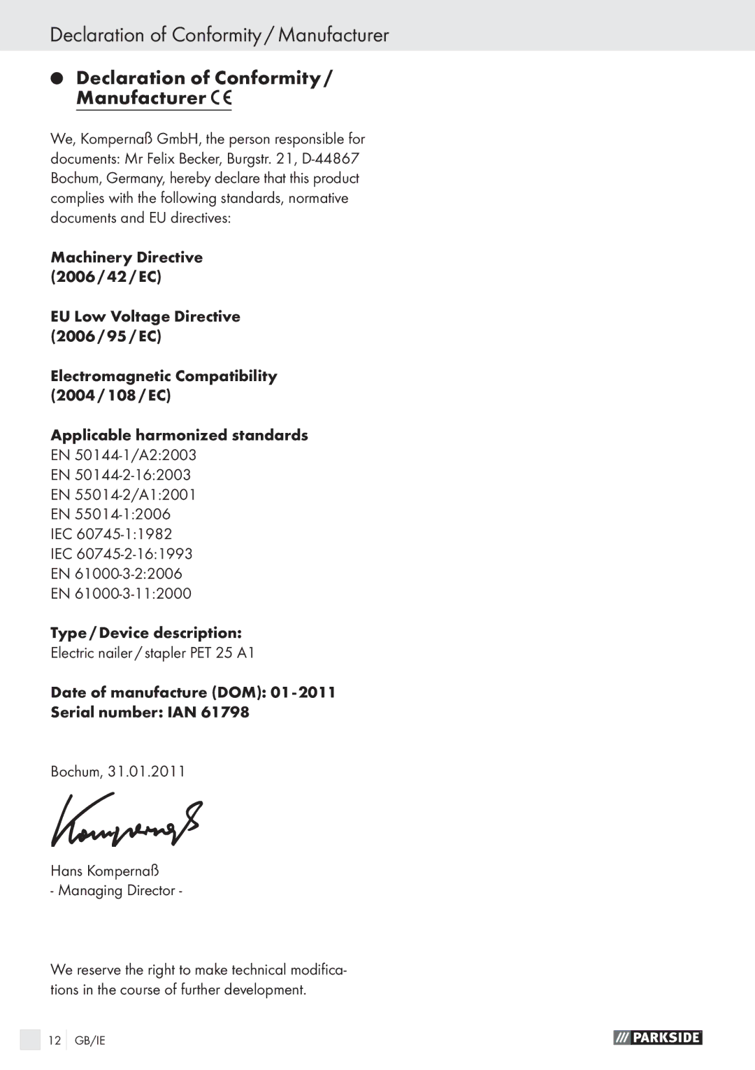 Parkside PET 25 A1 manual Declaration of Conformity / Manufacturer 