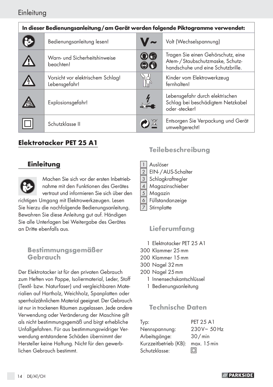 Parkside PET 25 A1 manual Einleitung 