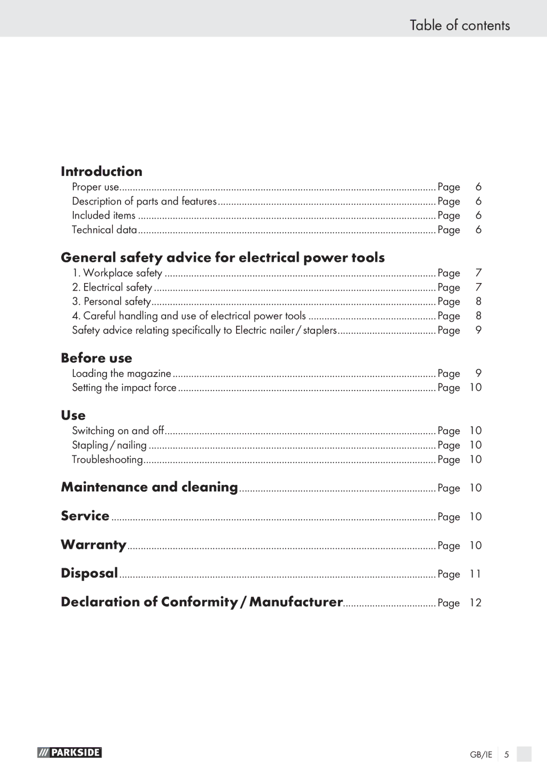 Parkside PET 25 A1 manual Table of contents 