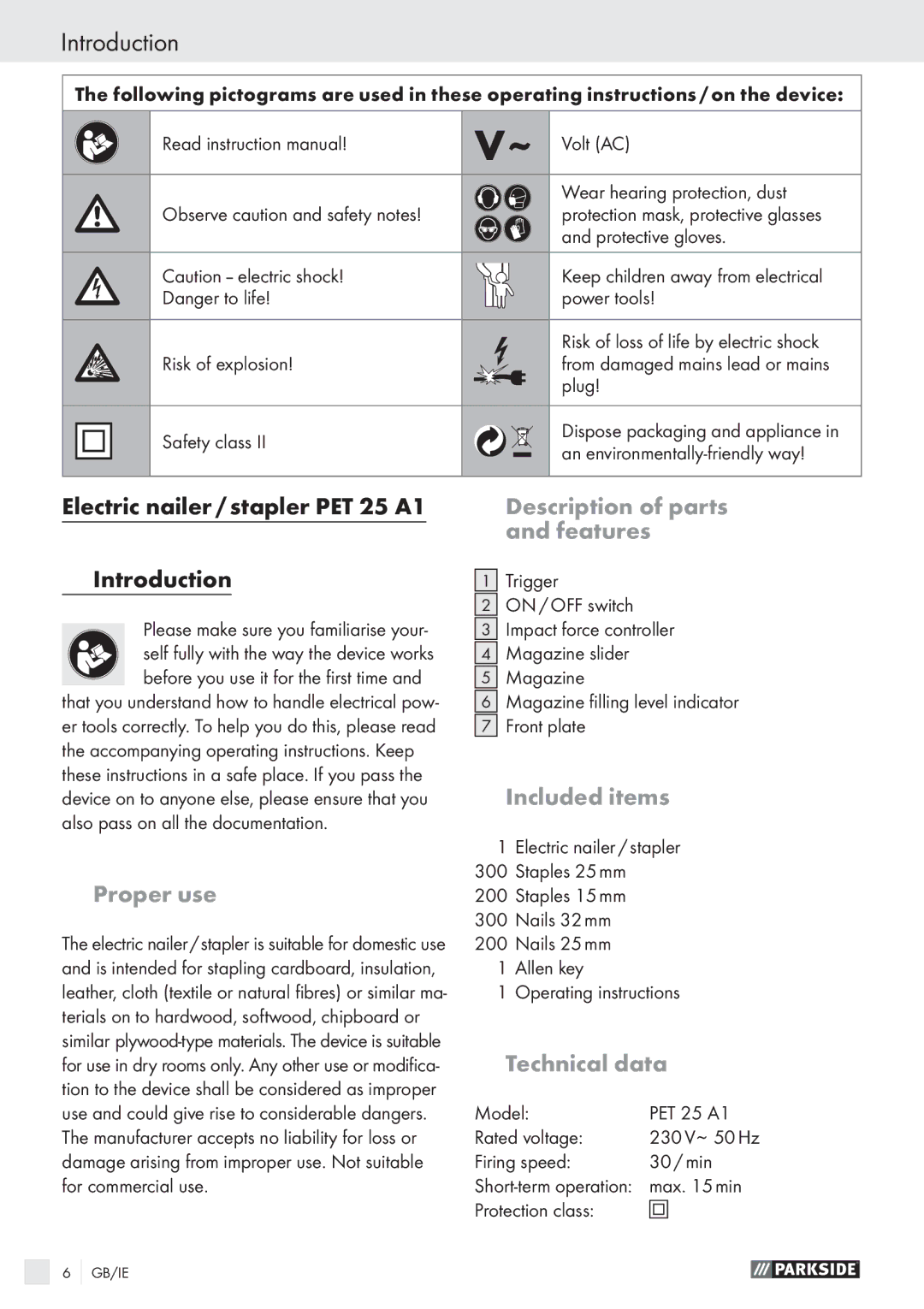 Parkside PET 25 A1 manual Introduction 