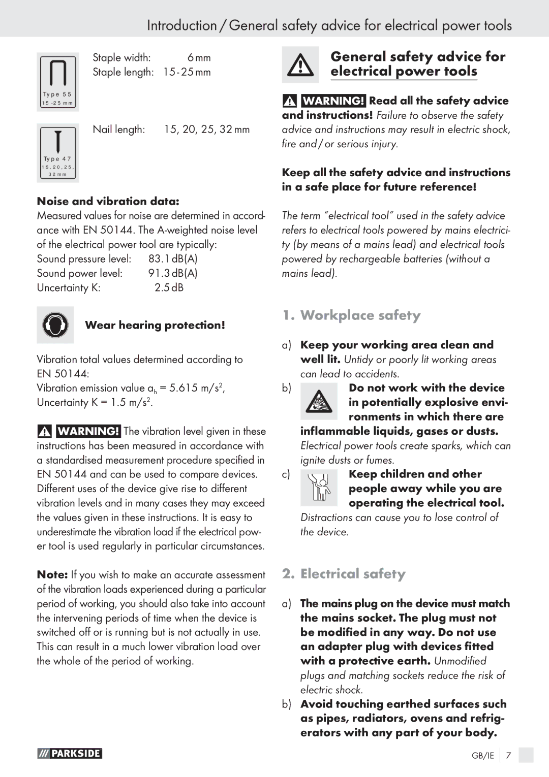 Parkside PET 25 A1 manual Workplace safety, Electrical safety 