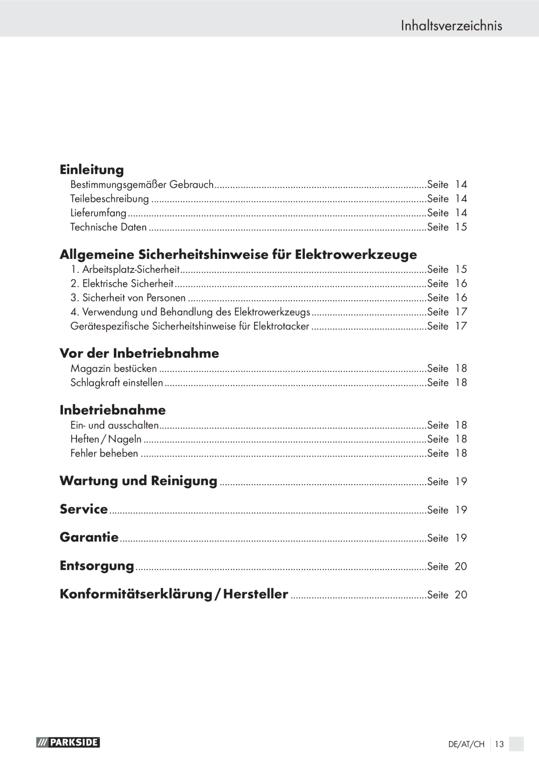 Parkside PET 25 manual Inhaltsverzeichnis, Einleitung, Allgemeine Sicherheitshinweise für Elektrowerkzeuge, Inbetriebnahme 