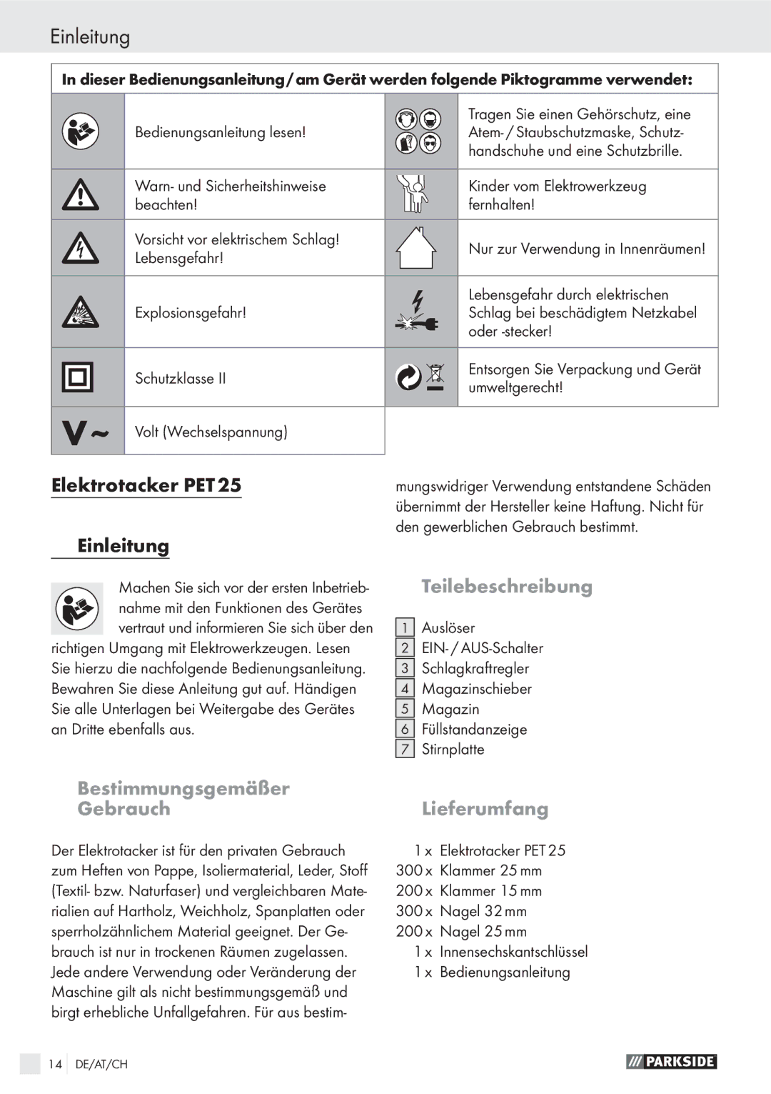 Parkside PET 25 manual Einleitung, Elektrotacker PET, Teilebeschreibung, Bestimmungsgemäßer Gebrauch Lieferumfang 