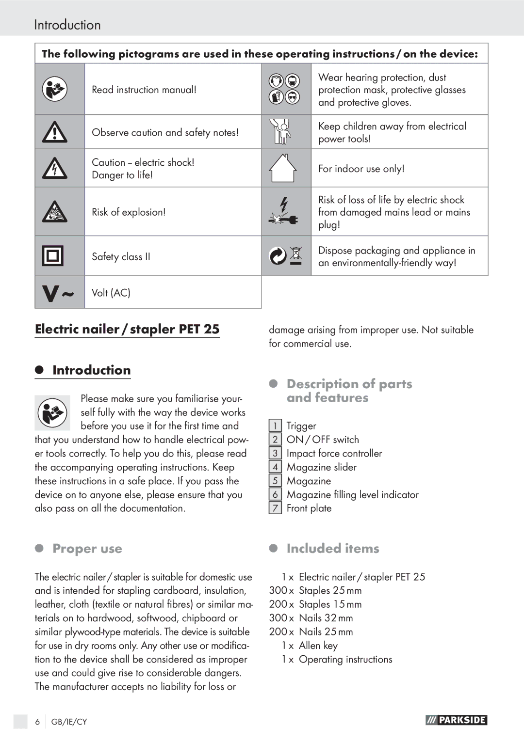 Parkside PET 25 Introduction, Electric nailer / stapler PET, Description of parts, Features, Proper use Included items 