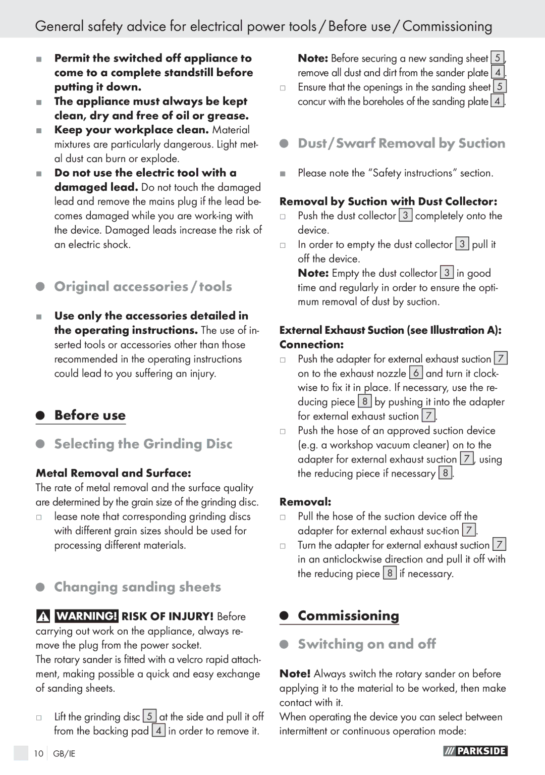 Parkside PEXS 270 A1 manual Original accessories / tools, Selecting the Grinding Disc, Changing sanding sheets 
