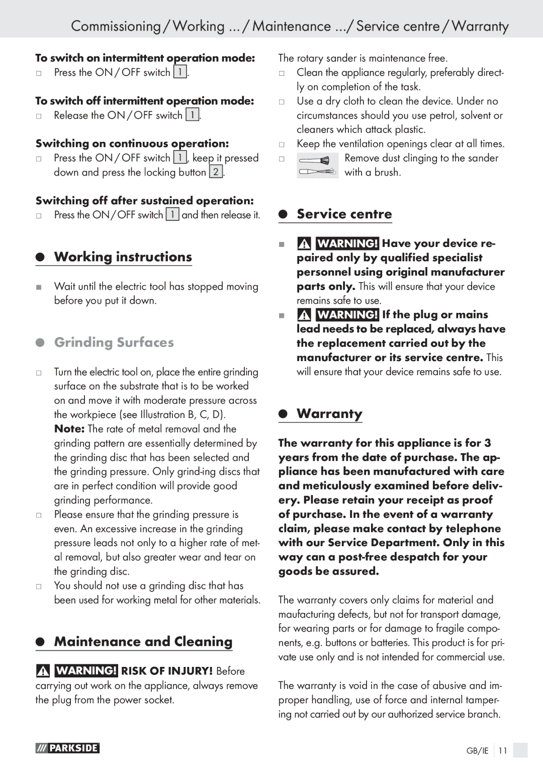 Parkside PEXS 270 A1 manual Grinding Surfaces, Maintenance and Cleaning, Service centre Warranty 