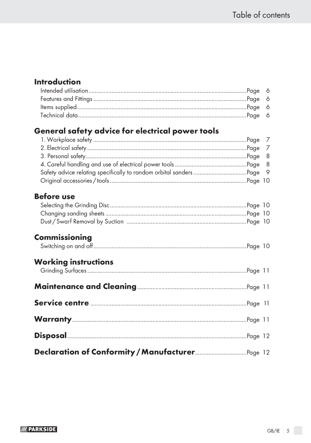 Parkside PEXS 270 A1 manual Table of contents 