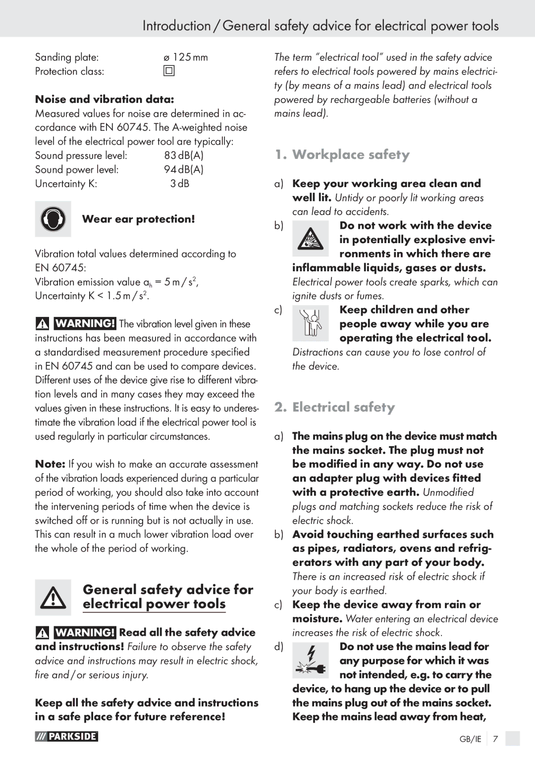 Parkside PEXS 270 A1 manual Workplace safety, Electrical safety 