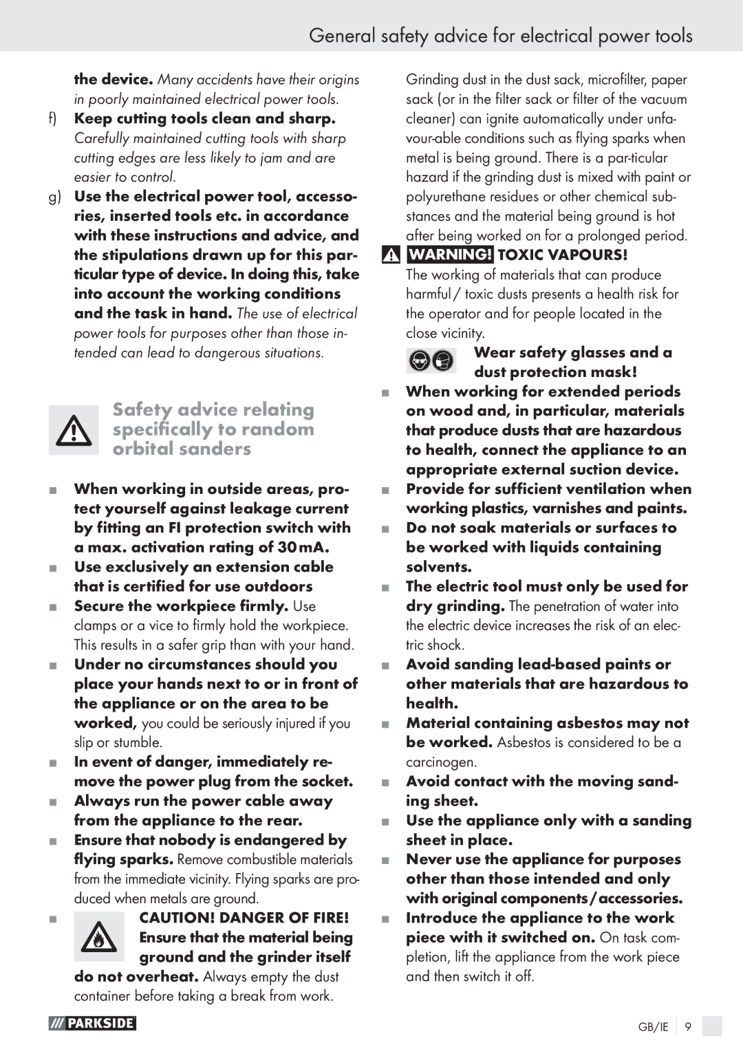 Parkside PEXS 270 A1 manual Safety advice relating speciﬁcally to random orbital sanders 