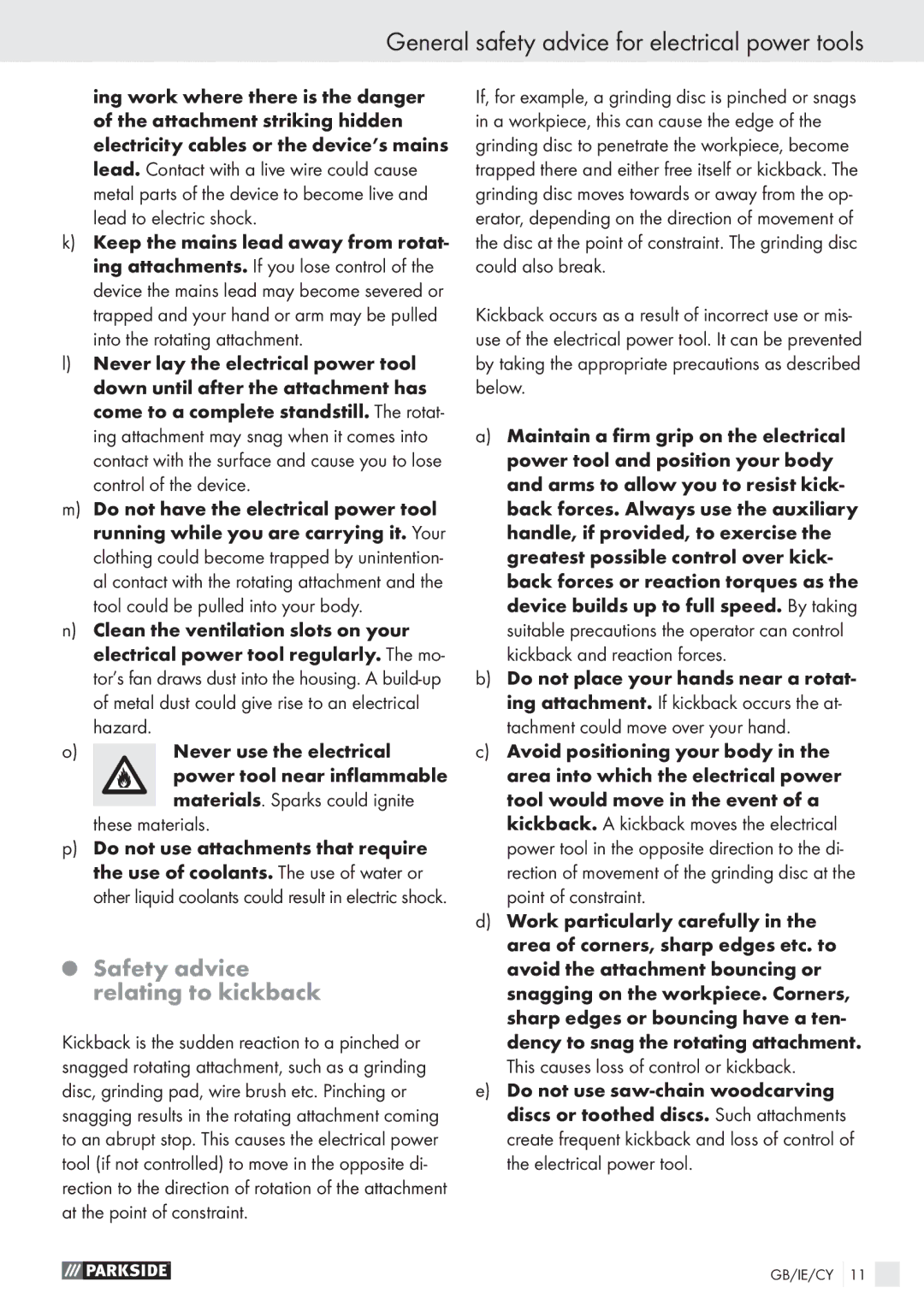 Parkside PFBS 9.6V manual Safety advice relating to kickback 