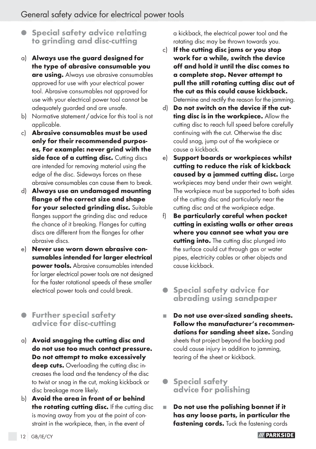 Parkside PFBS 9.6V manual Special safety advice relating to grinding and disc-cutting, Special safety advice for polishing 