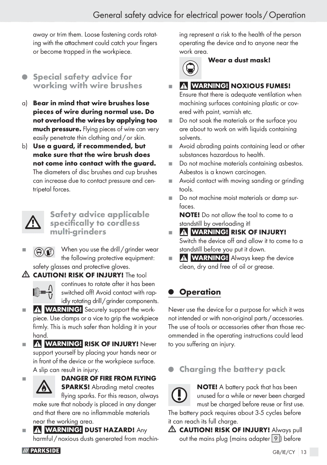 Parkside PFBS 9.6V manual Special safety advice for working with wire brushes, Charging the battery pack 