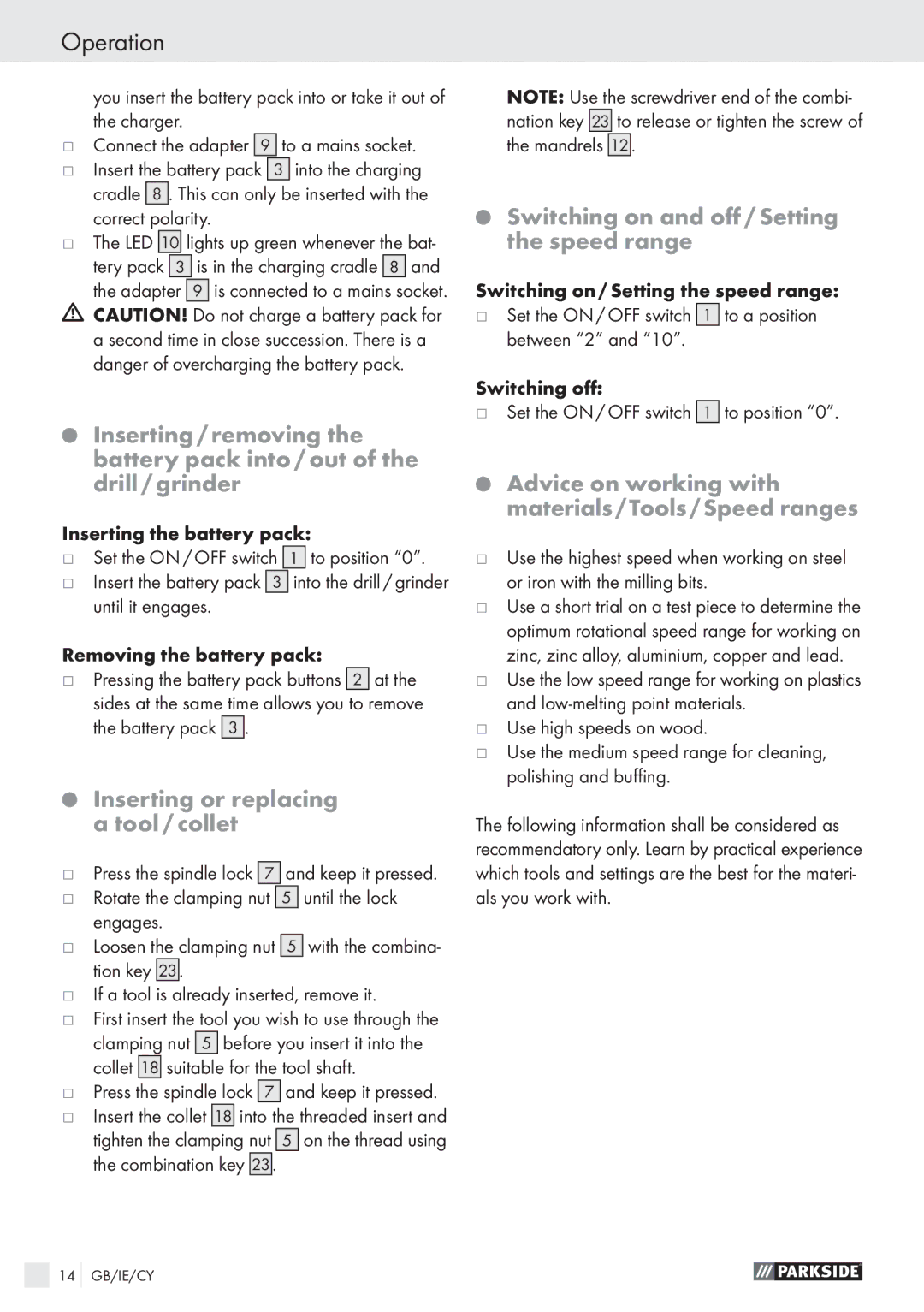Parkside PFBS 9.6V manual Operation, Inserting or replacing a tool / collet, Switching on and oﬀ / Setting the speed range 