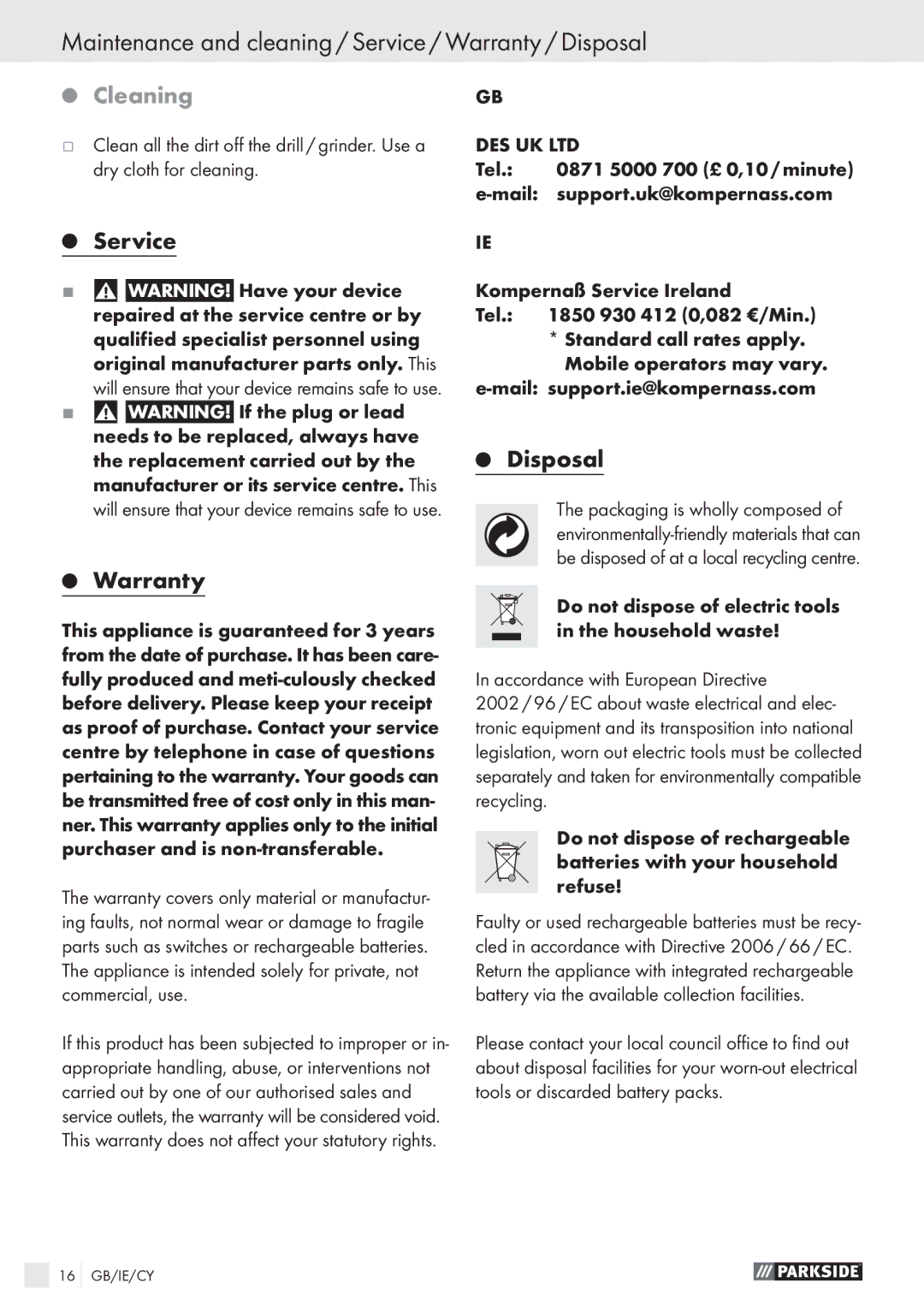 Parkside PFBS 9.6V manual Maintenance and cleaning / Service / Warranty / Disposal, Cleaning, Service Warranty 