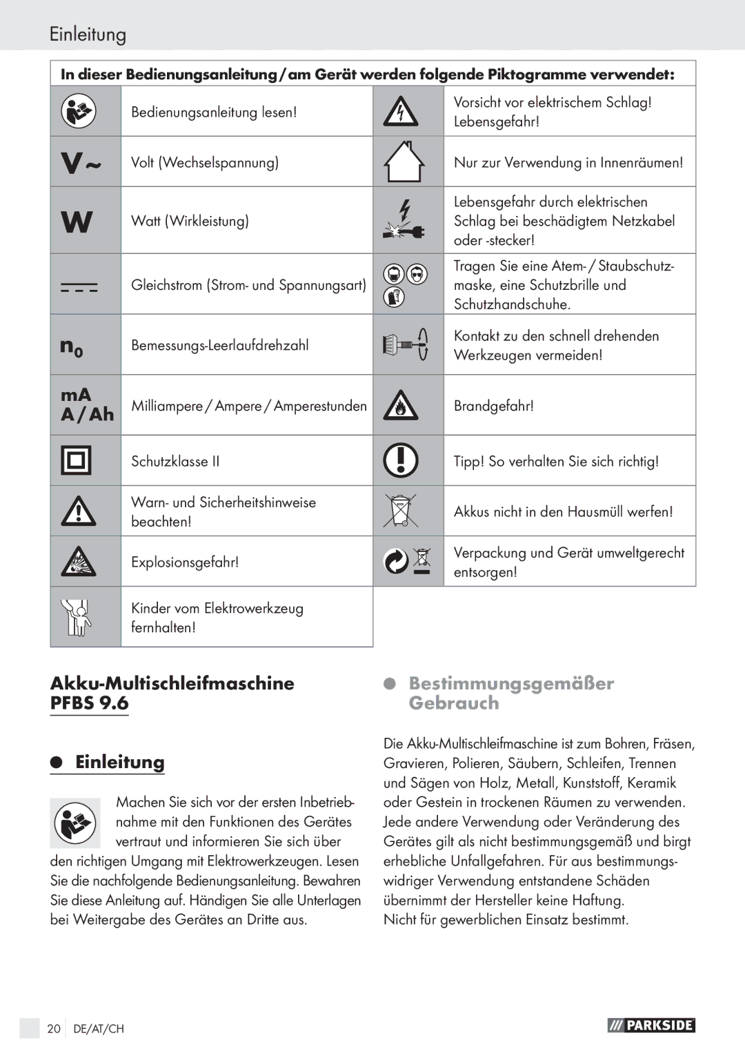 Parkside PFBS 9.6V manual Akku-Multischleifmaschine Pfbs Einleitung, Bestimmungsgemäßer Gebrauch 