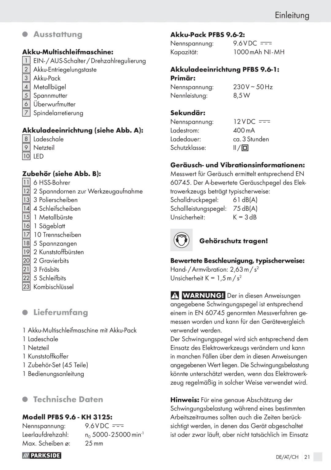 Parkside PFBS 9.6V manual Ausstattung, Lieferumfang, Technische Daten 