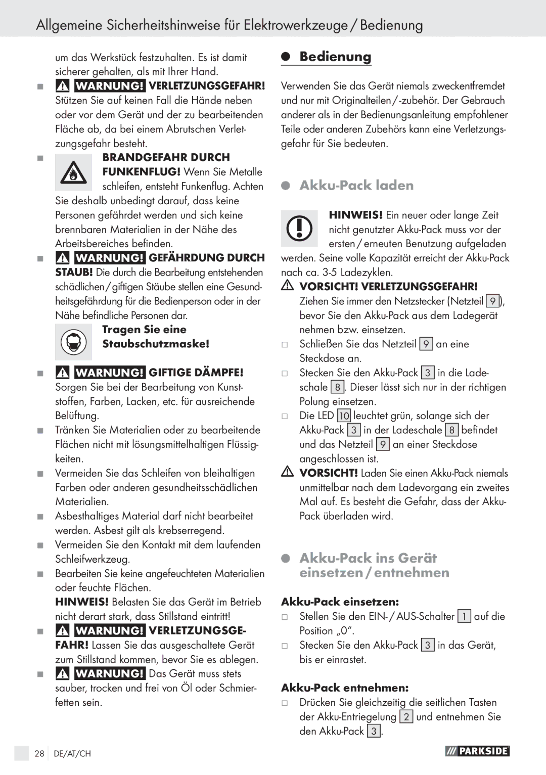 Parkside PFBS 9.6V manual Akku-Pack laden, Akku-Pack ins Gerät einsetzen / entnehmen, An eine, Steckdose an 