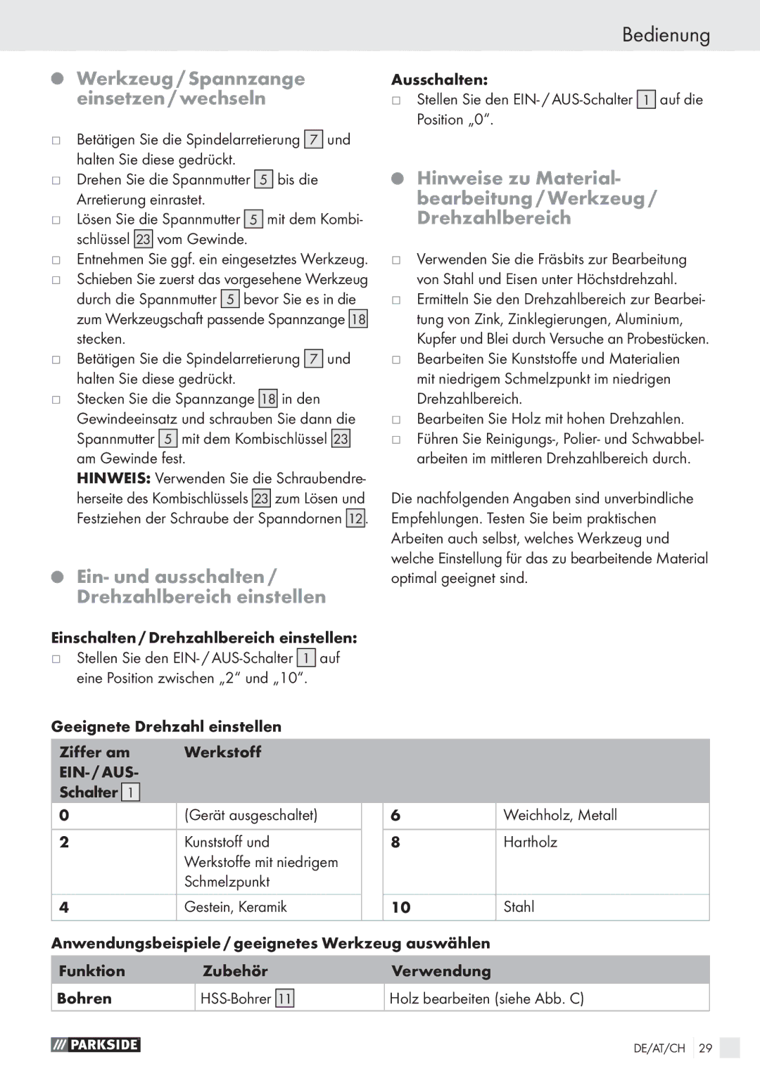 Parkside PFBS 9.6V manual Bedienung, Werkzeug / Spannzange einsetzen / wechseln, Ziffer am Werkstoff 