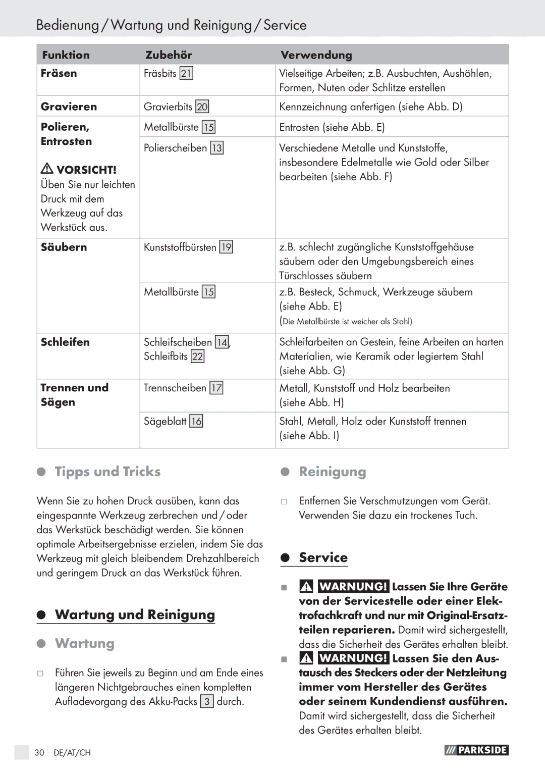 Parkside PFBS 9.6V manual Bedienung / Wartung und Reinigung / Service, Tipps und Tricks 