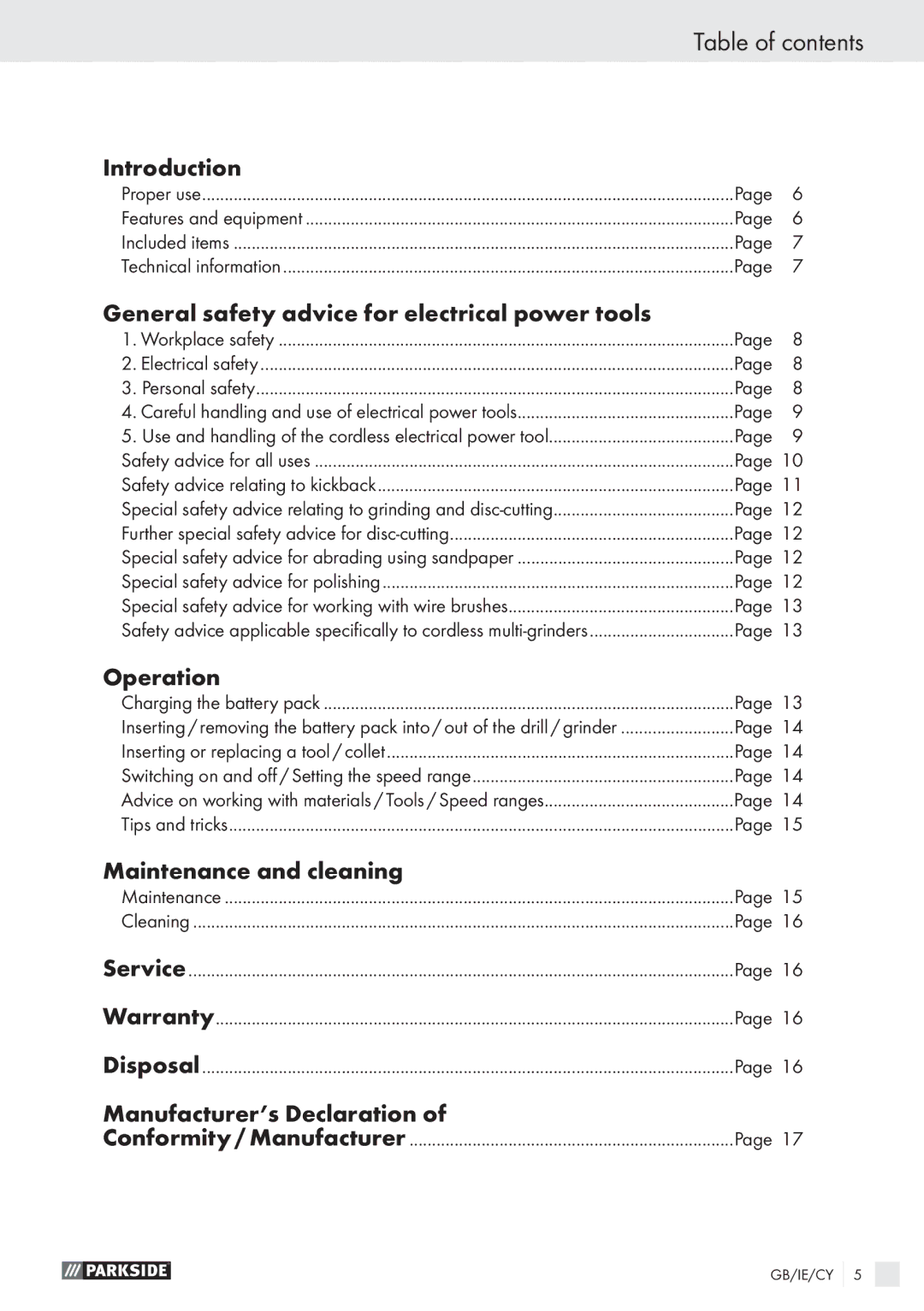 Parkside PFBS 9.6V manual Table of contents 