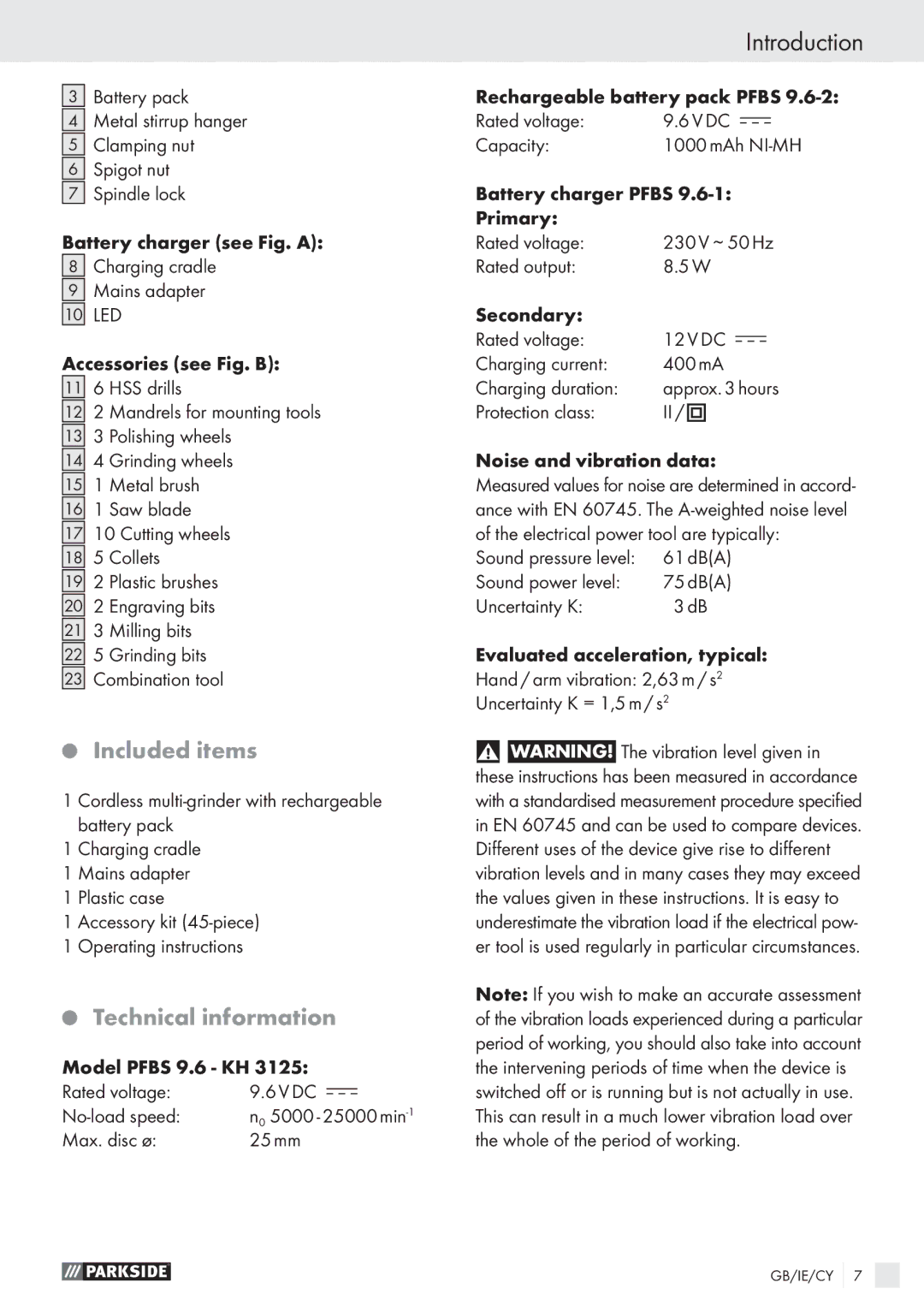 Parkside PFBS 9.6V manual Included items, Technical information 