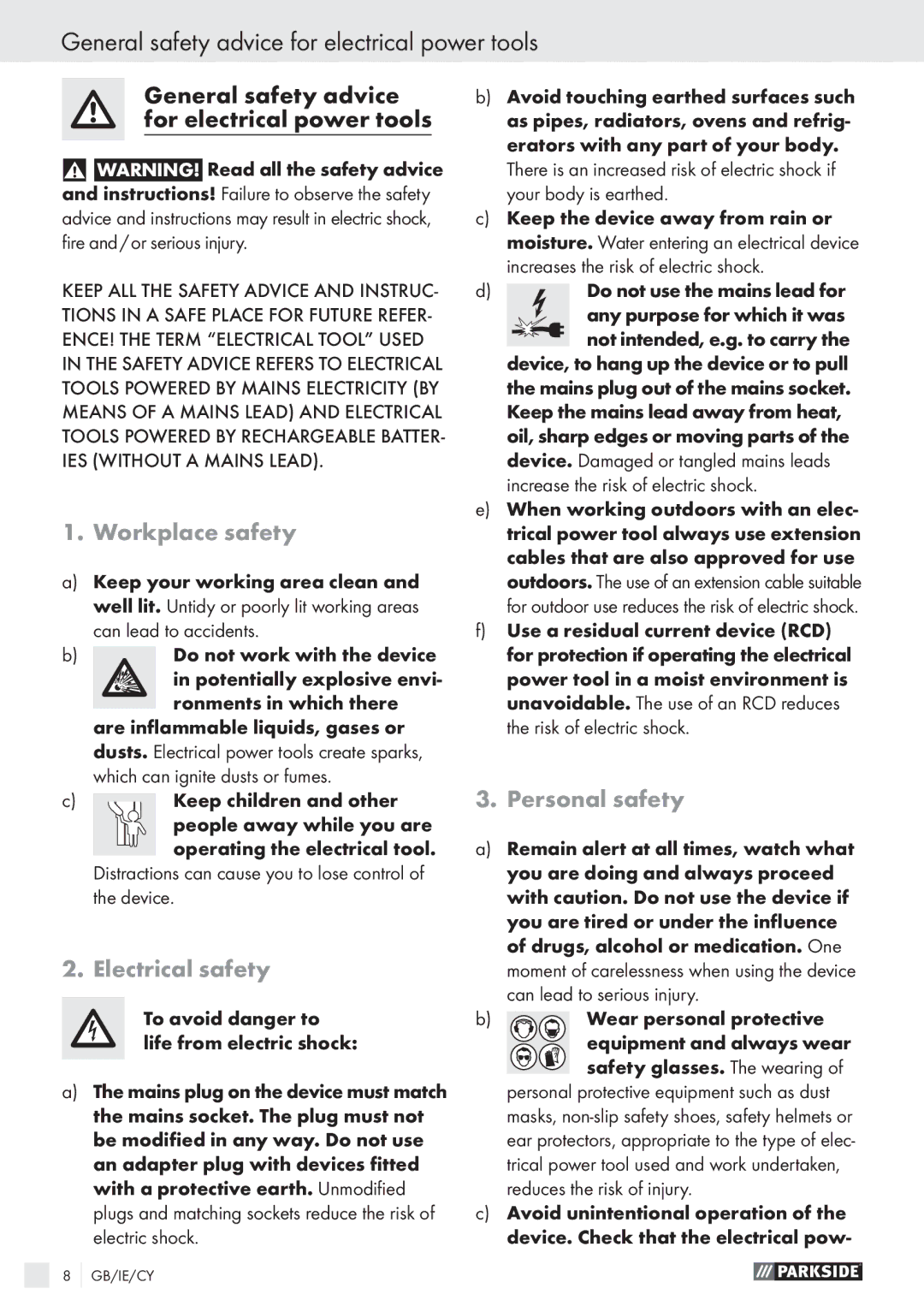 Parkside PFBS 9.6V General safety advice for electrical power tools, Workplace safety, Electrical safety, Personal safety 