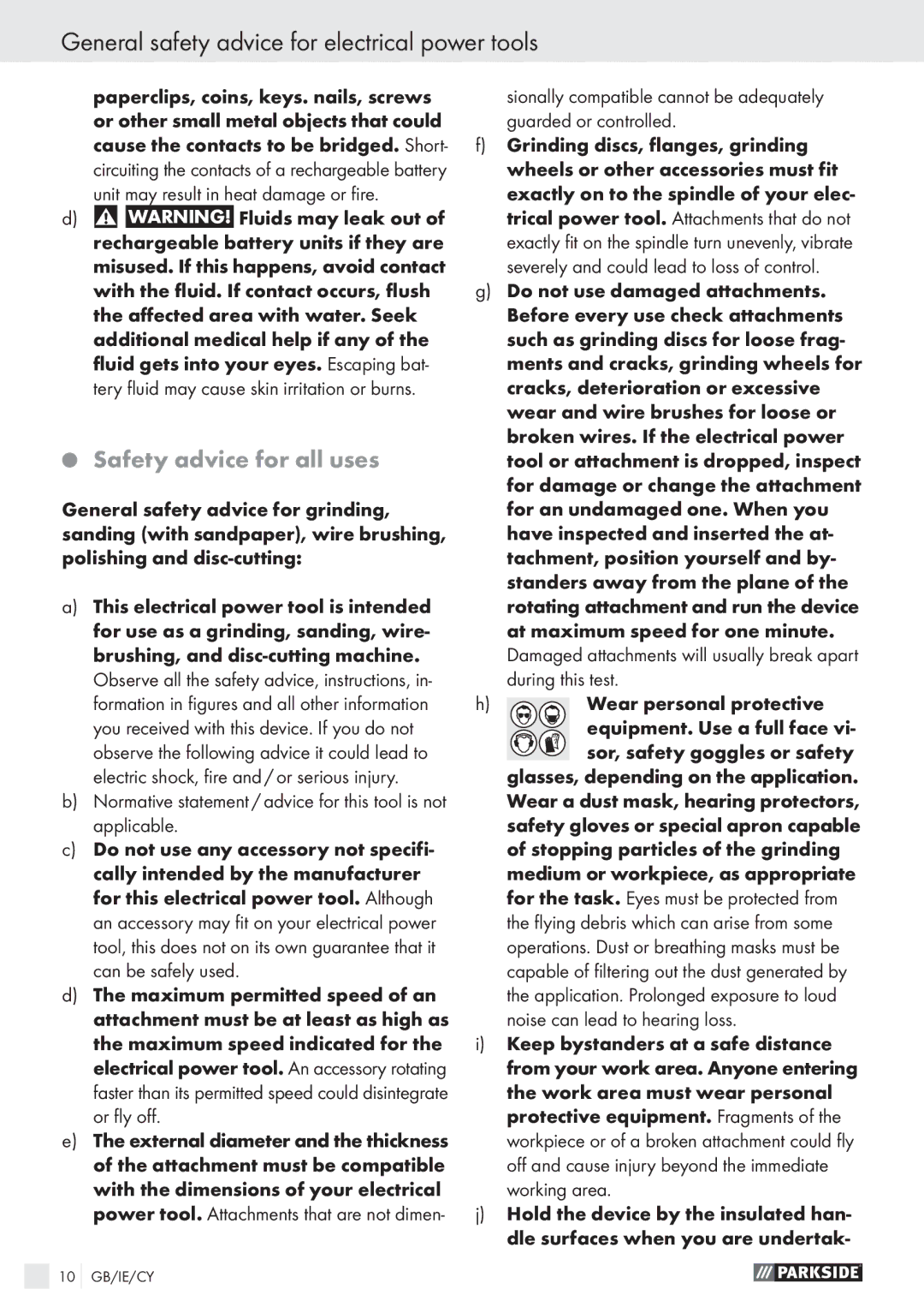 Parkside PFBS 9.6V manual Safety advice for all uses 