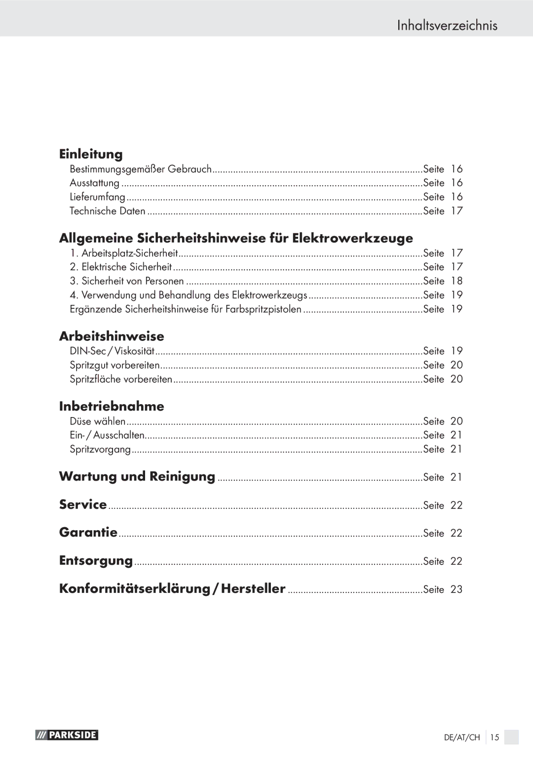 Parkside PFS 100 A1 Inhaltsverzeichnis, Einleitung, Allgemeine Sicherheitshinweise für Elektrowerkzeuge, Arbeitshinweise 