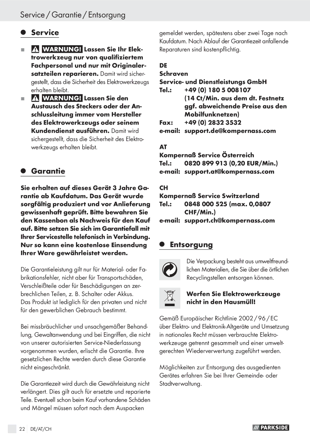 Parkside PFS 100 A1 manual Service / Garantie / Entsorgung, Werfen Sie Elektrowerkzeuge nicht in den Hausmüll 