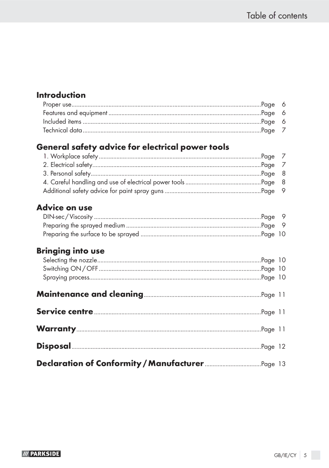 Parkside PFS 100 A1 manual Table of contents 