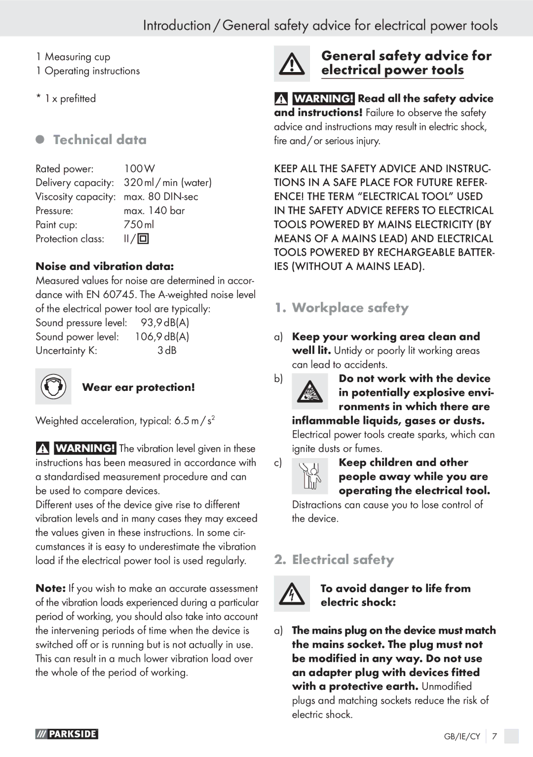 Parkside PFS 100 A1 manual Technical data, Workplace safety, Electrical safety 