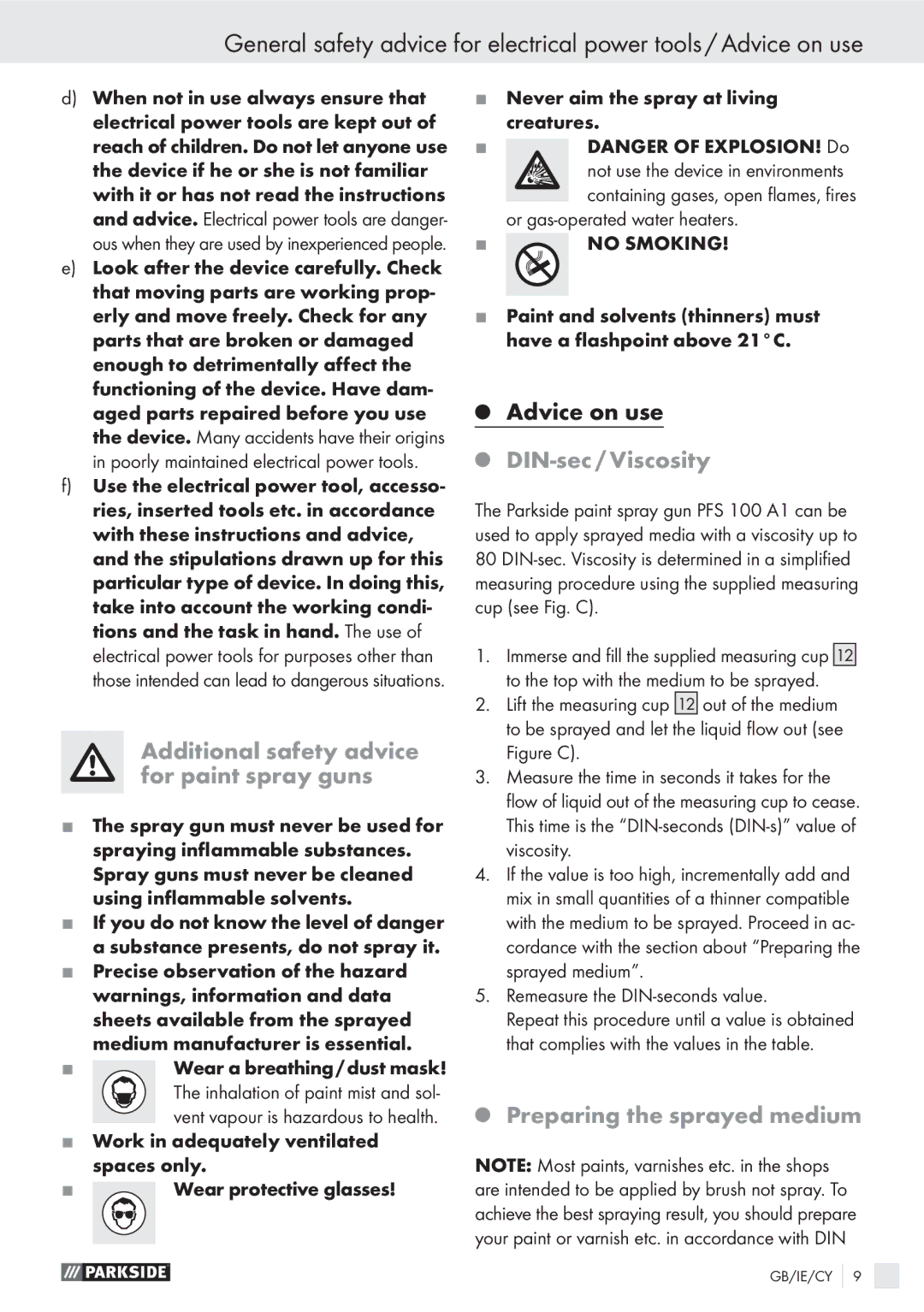 Parkside PFS 100 A1 manual Additional safety advice for paint spray guns, DIN-sec / Viscosity, Preparing the sprayed medium 