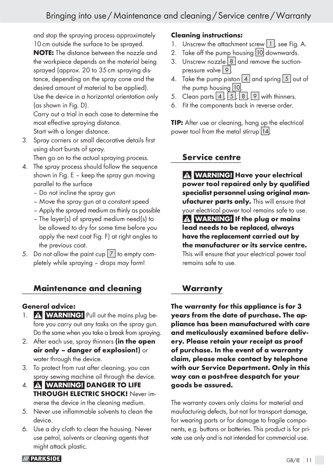 Parkside PFS 100 B2 manual Service centre, Maintenance and cleaning Warranty 