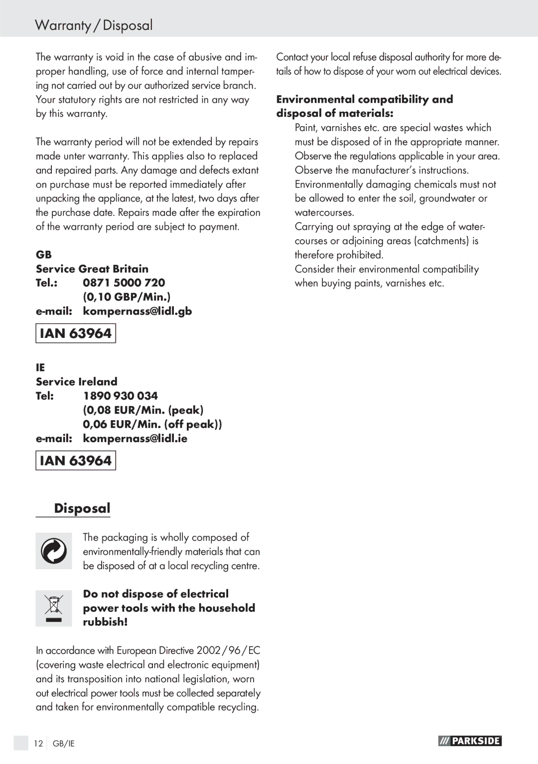 Parkside PFS 100 B2 manual Warranty / Disposal, Ian, IAN Disposal, Environmental compatibility and disposal of materials 