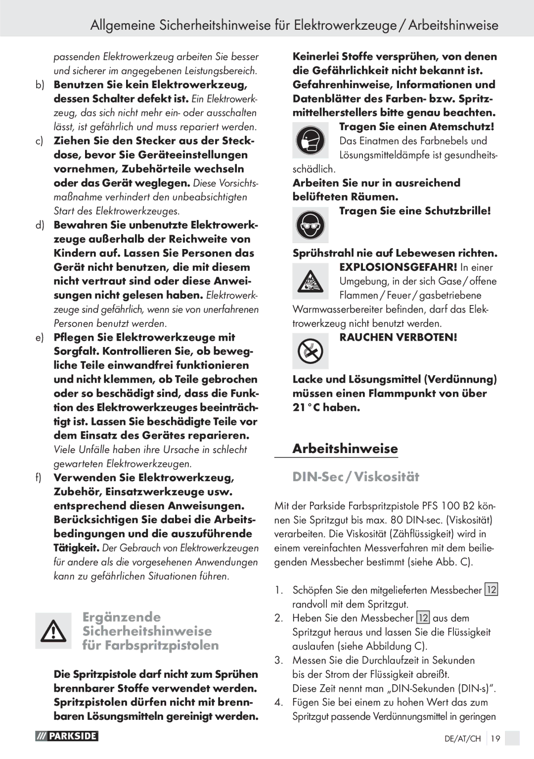 Parkside PFS 100 B2 manual Ergänzende Sicherheitshinweise für Farbspritzpistolen, DIN-Sec / Viskosität 