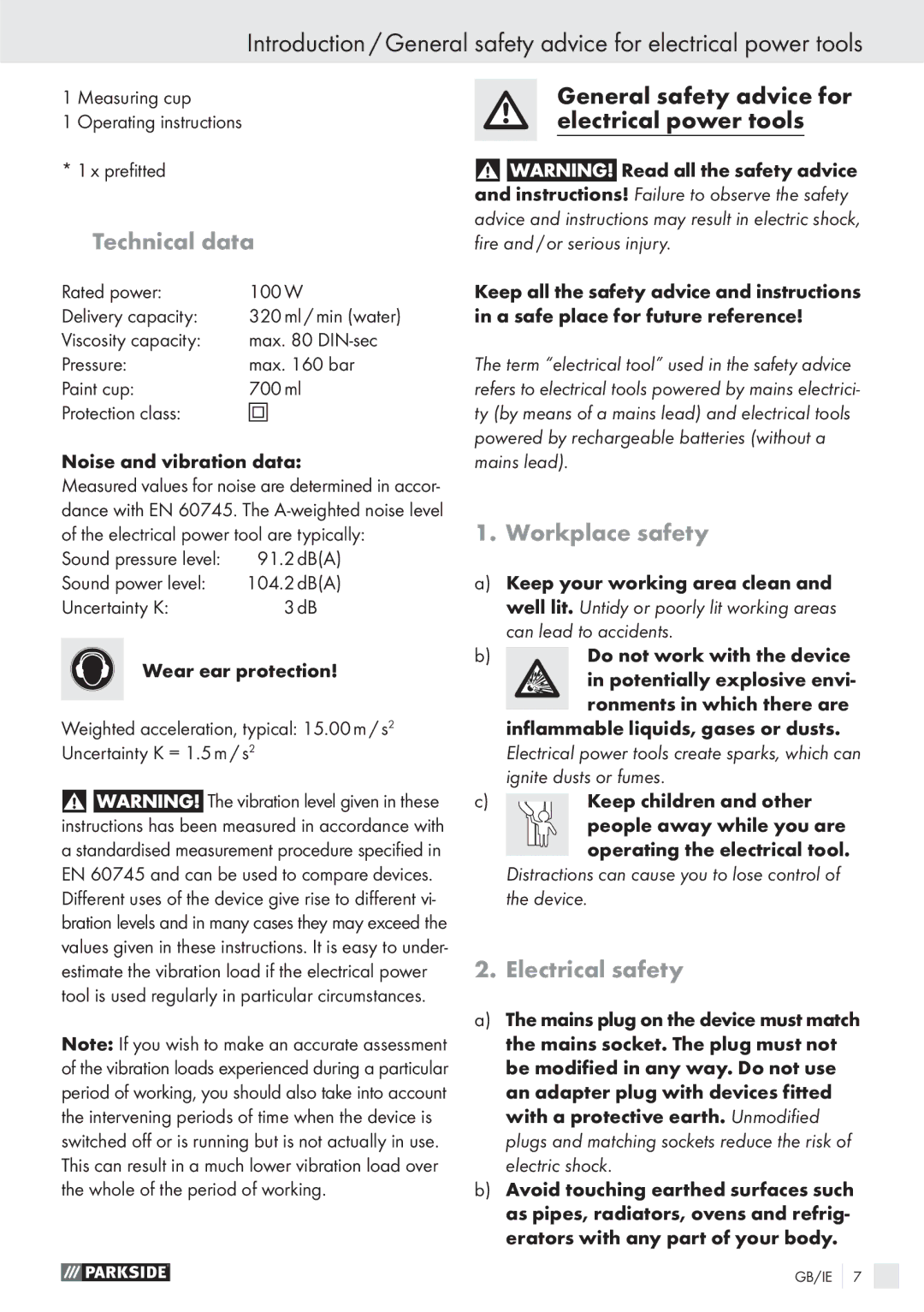 Parkside PFS 100 B2 manual Technical data, Workplace safety, Electrical safety 