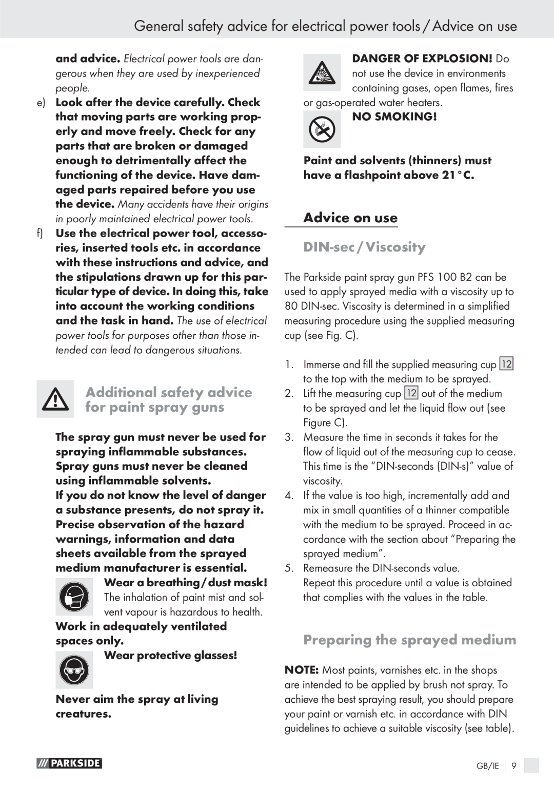 Parkside PFS 100 B2 manual Additional safety advice for paint spray guns, DIN-sec / Viscosity, Preparing the sprayed medium 