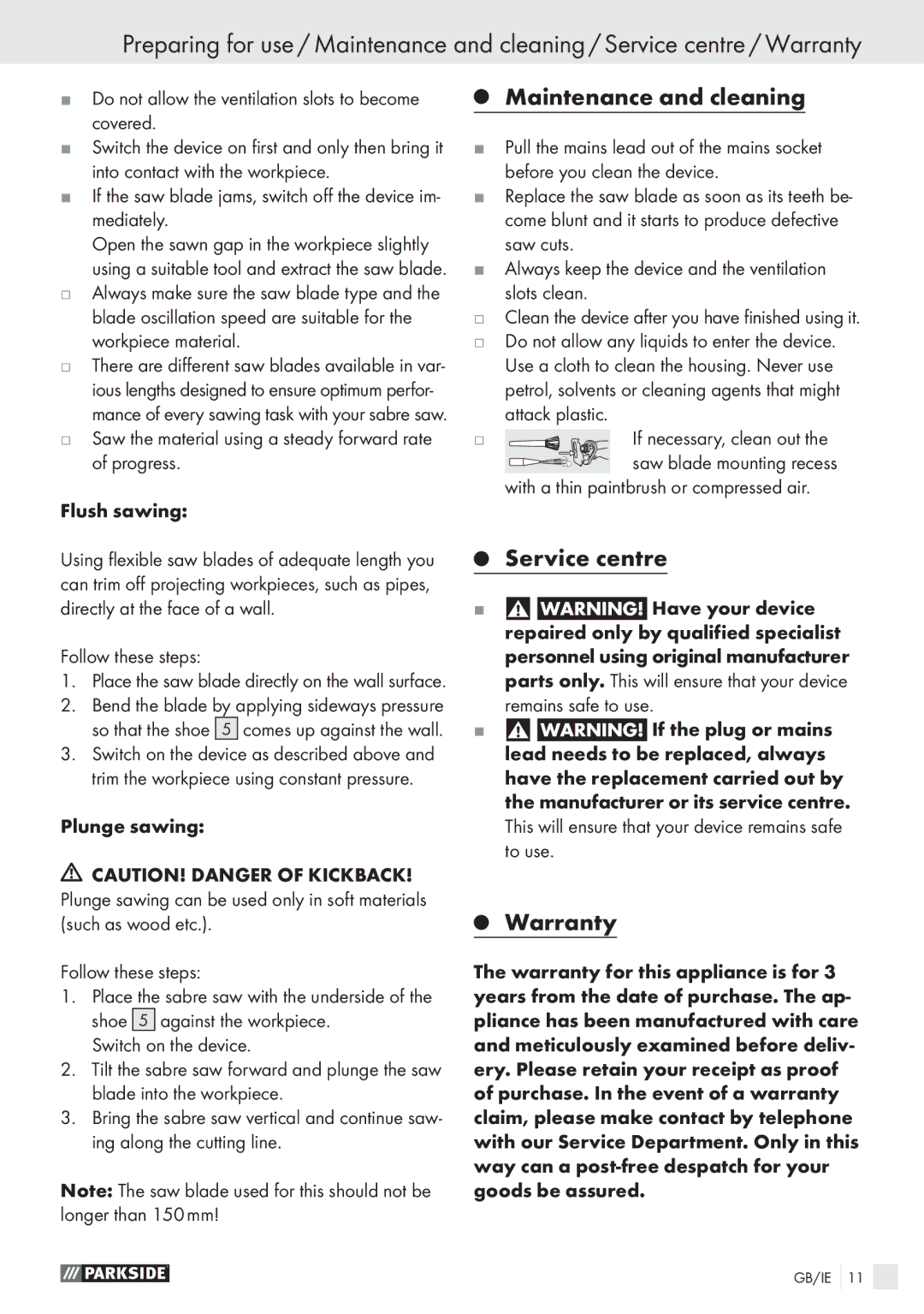 Parkside PFS 710 A1 manual Maintenance and cleaning, Service centre Warranty 
