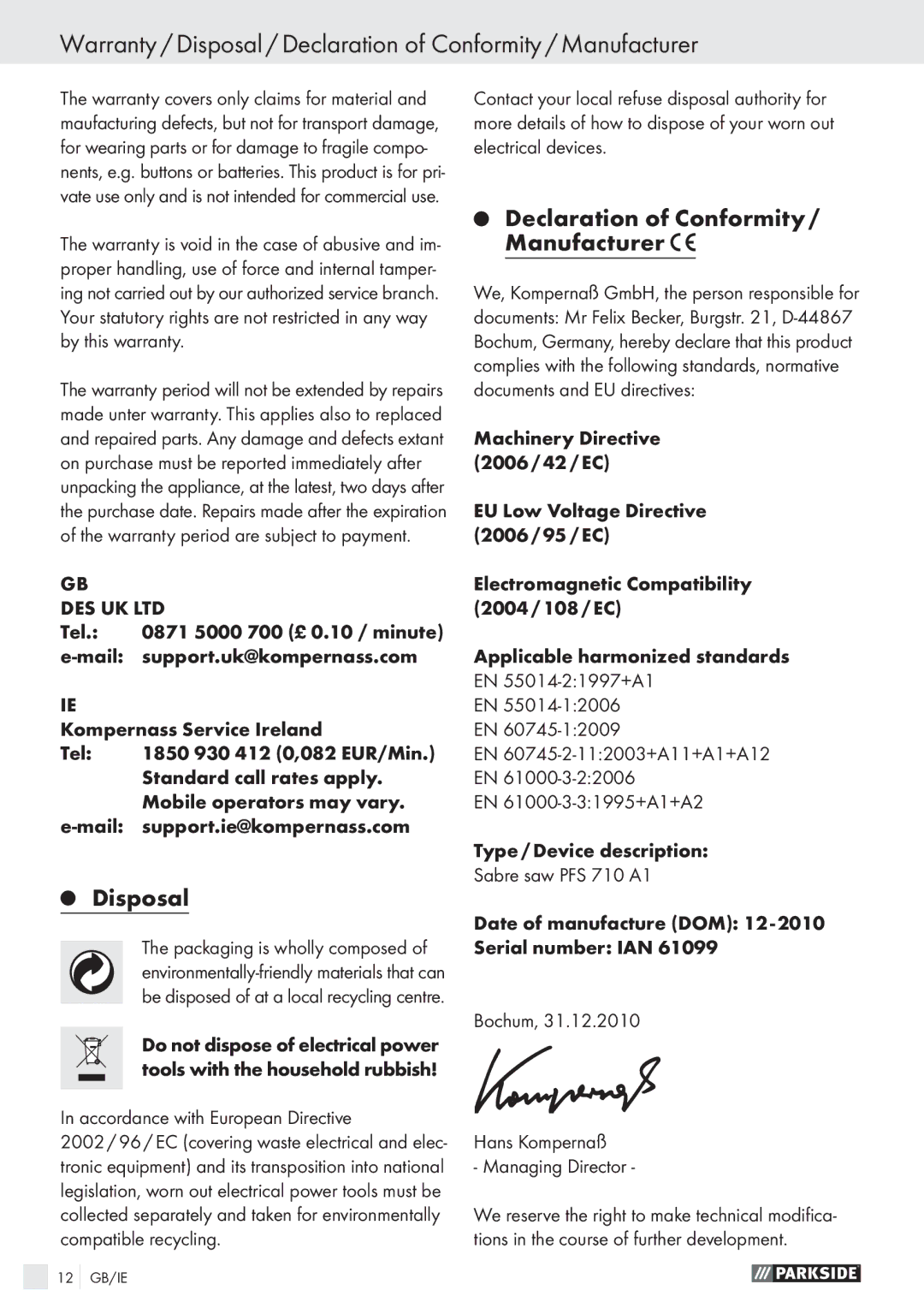 Parkside PFS 710 A1 manual Disposal, Accordance with European Directive 