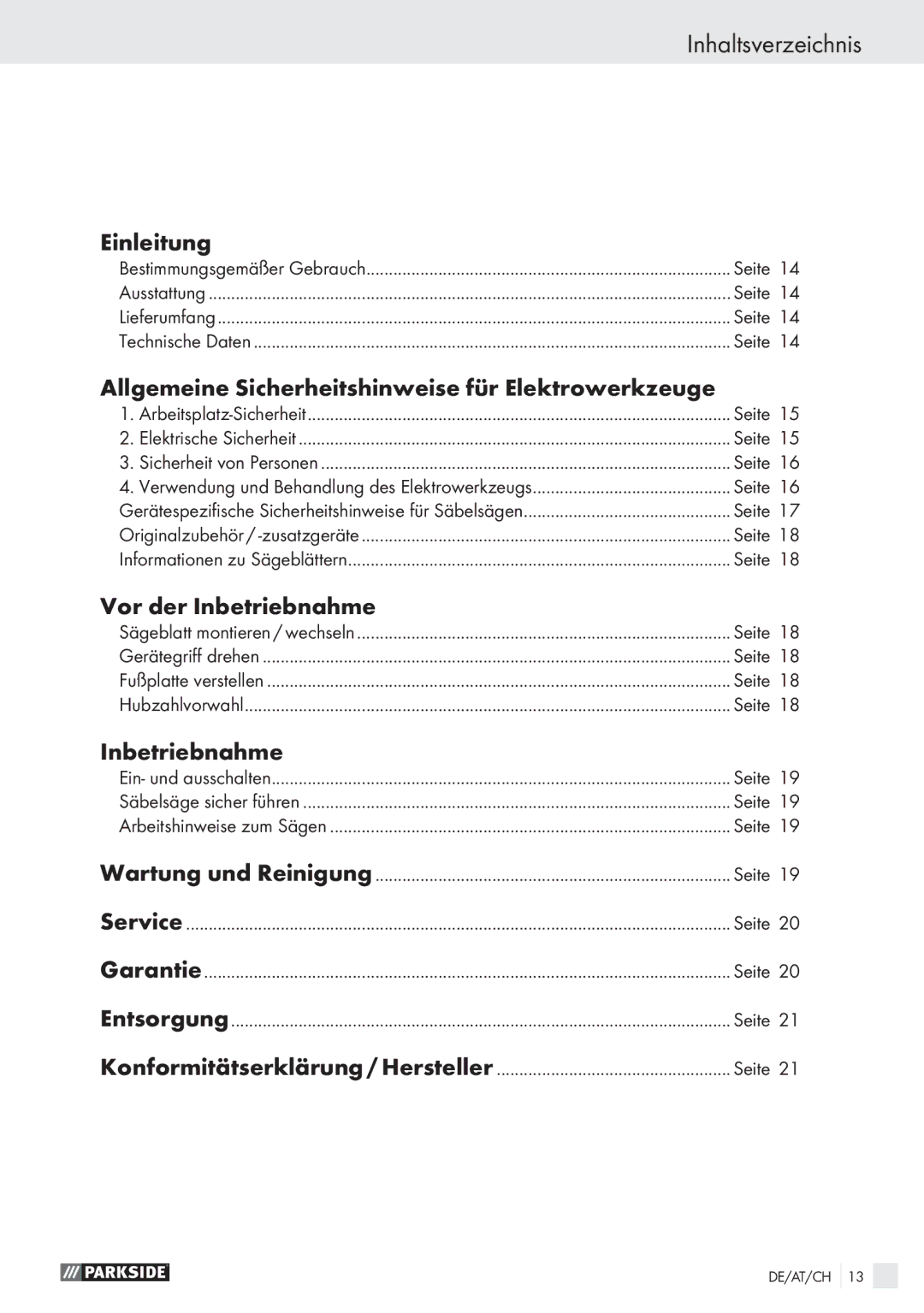 Parkside PFS 710 A1 Inhaltsverzeichnis, Einleitung, Allgemeine Sicherheitshinweise für Elektrowerkzeuge, Inbetriebnahme 