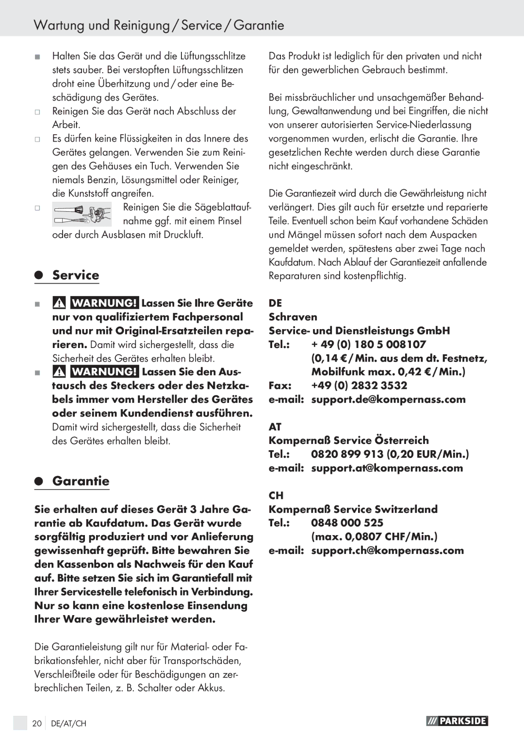 Parkside PFS 710 A1 manual Wartung und Reinigung / Service / Garantie 