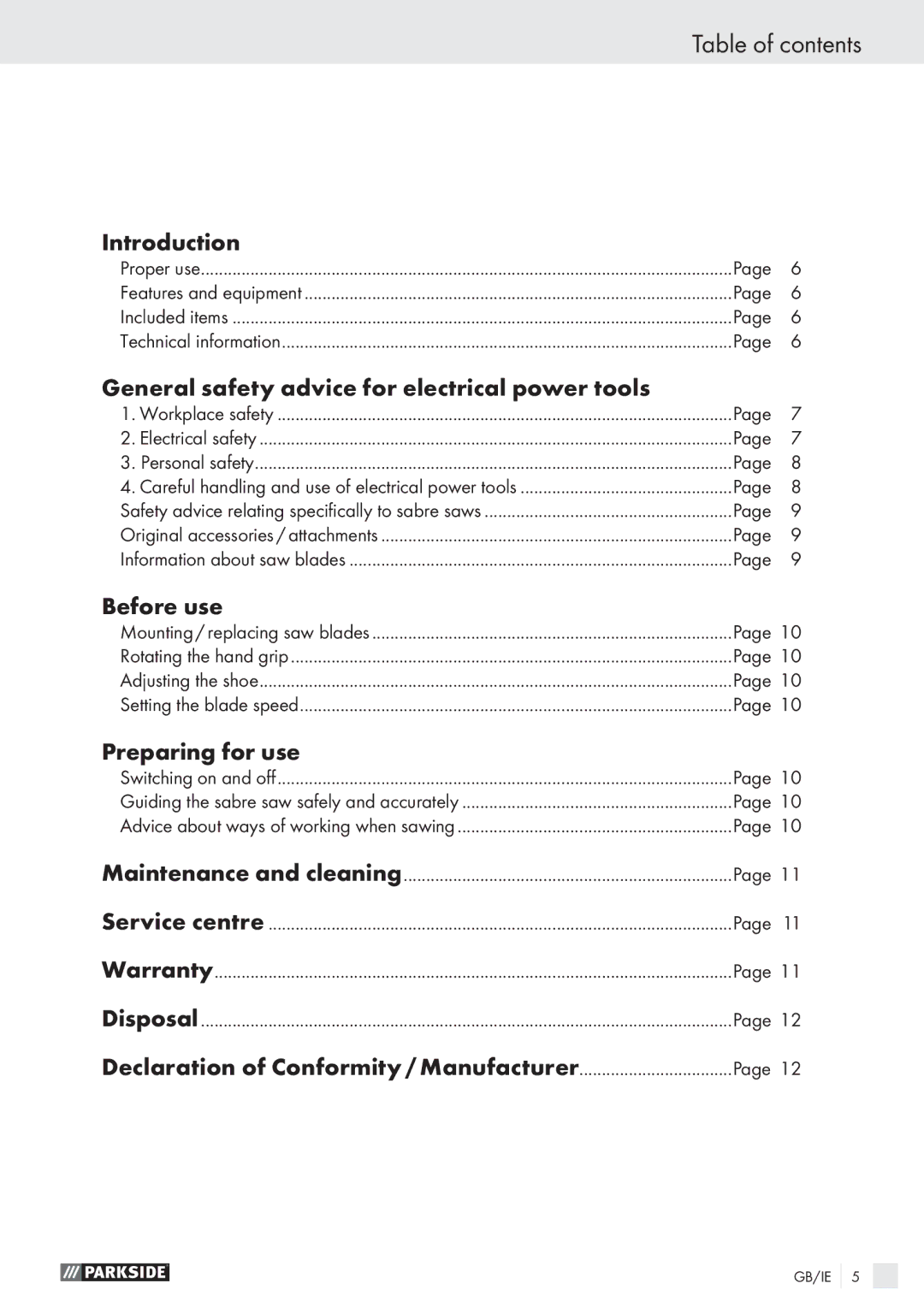 Parkside PFS 710 A1 manual Table of contents 