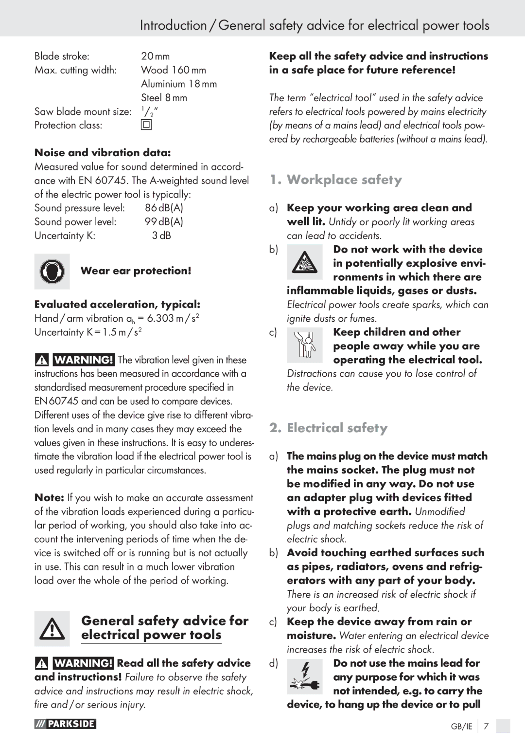 Parkside PFS 710 A1 manual Workplace safety, Electrical safety 